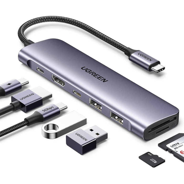HUB USB-C (Docking Revodok) 7 en 1 | 2 USB-A 3.0 | 1 USB-C 3.0 (5Gbps) | 1 USB-C PD Carga 100W | HDMI 4K | Lector Tarjetas SD + Micro SD (TF) Uso Simultaneo | Chip de išltima Generacion | Cable de Nylon Trenzado | Caja de Aluminio. - Image 1