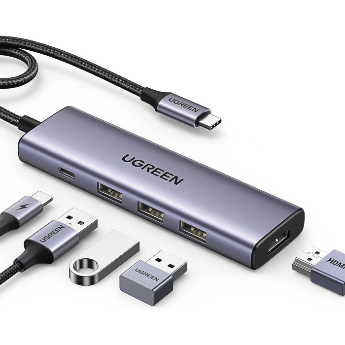 HUB USB-C (Docking Station) 5 en 1 | HDMI 2.0 4K@30Hz | 3 USB-A 3.0 (5Gbps) | USB-C PD Carga 100W | Potente Disipacion de Calor | Chip de Ultima Generacion | Cable de Nylon Trenzado de 25 cm | Carcasa de Aluminio. - Image 1