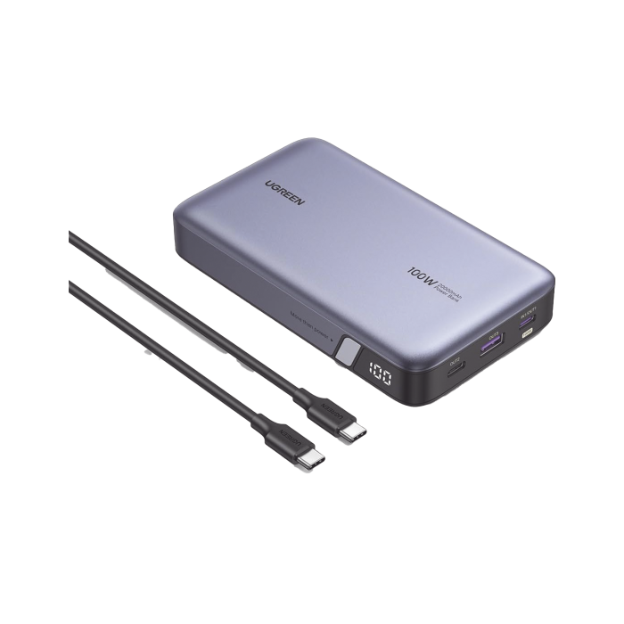Power Bank de 20000mAh | 3 Salidas 100W Max. | USB-A + 2 USB-C | PD 3.0 | QC3.0 | FCP | SCP | Pantalla Inteligente | Carcasa Ignifuga | Color Gris | Incluye Cable USB de 50cm | Carga tu Laptop de Manera Segura. - Image 1