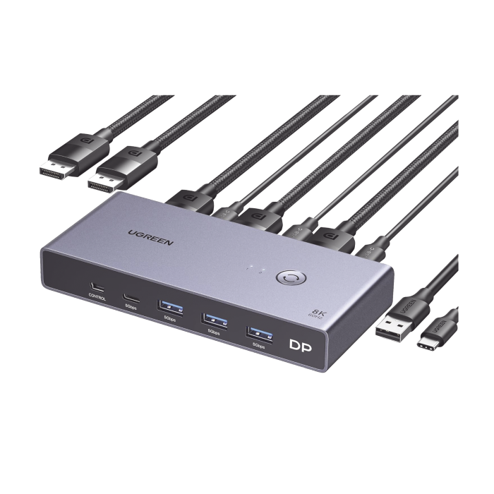 Conmutador KVM DisplayPort 8K | DP 1.4 | 2 Entradas 1 Salida | 4 Puertos USB 3.0 (3 USBA *1 USBC) | Soporta 8K@60Hz | HDR | Control de Escritorio | Carcasa de Aluminio | Indicador Led | Compatible Win, MacOs y Linux. - Image 1