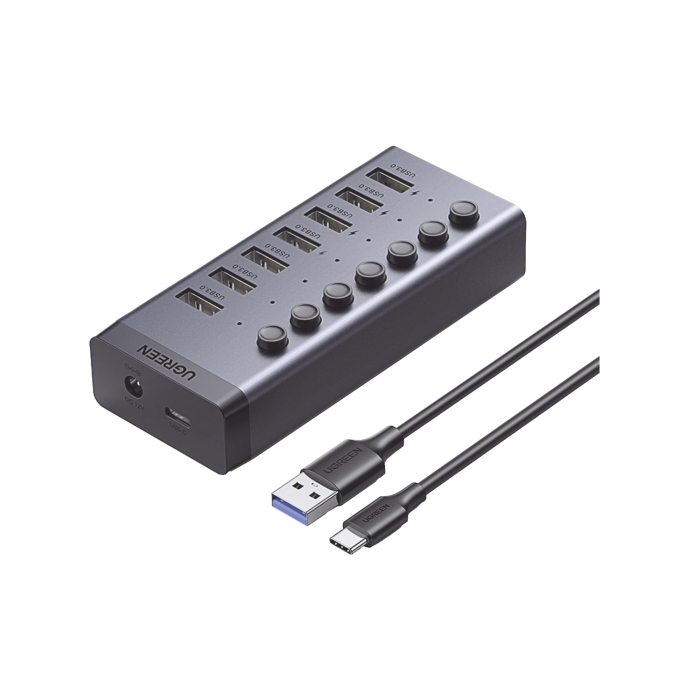 HUB de 7 Puertos USB 3.0 / 4 puertos de Carga Inteligente / Interruptor Individual / Indicadores LED / USB 3.0 a 5Gbps / 1 USB-C Hembra (solo datos) / Incluye Adaptador de Corriente 12V 2A / 7 en 1 - Image 1