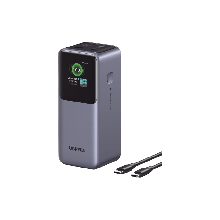 Power Bank de 20000mAh | 3 Salidas 130W Max. | USB-A + 2 USB-C | PD 3.0 | QC3.0 | FCP | SCP | Pantalla Inteligente | Carcasa Ignifuga | Color Gris | Incluye Cable USB de 50cm | Carga tu Laptop de Manera Segura. - Image 1