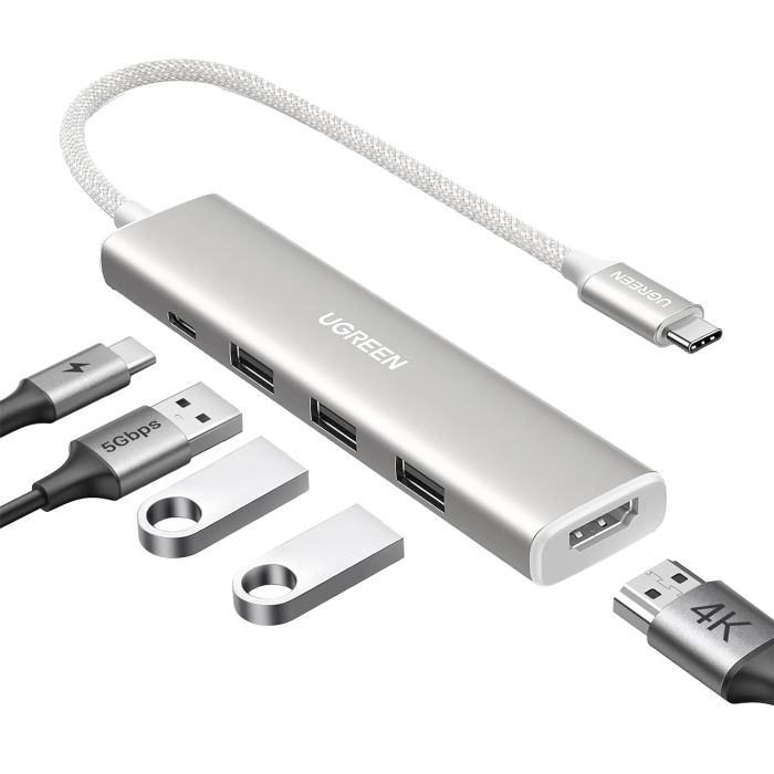 HUB USB-C (Docking Revodok) 5 en 1 | HDMI 2.0 4K@30Hz | 3 USB-A 3.0 (5Gbps) | USB-C PD Carga 100W | Chip de išltima Generacion | Cable de Nylon Trenzado de 25 cm | Carcasa de Aluminio | Color Blanco. - Image 1