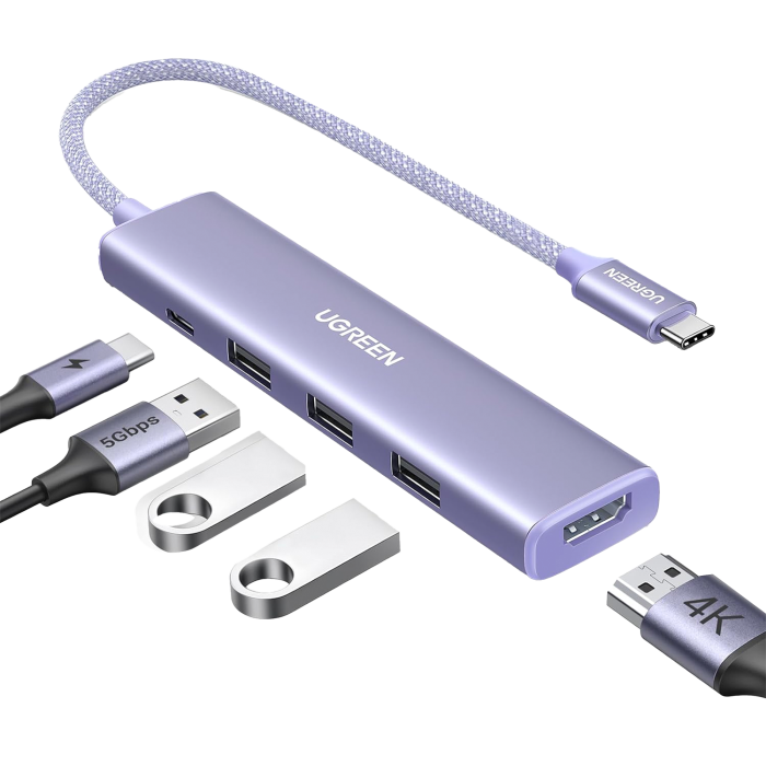 HUB USB-C (Docking Revodok) 5 en 1 | HDMI 2.0 4K@30Hz | 3 USB-A 3.0 (5Gbps) | USB-C PD Carga 100W | Chip de išltima Generacion | Cable de Nylon Trenzado de 25 cm | Carcasa de Aluminio | Color Morado. - Image 1