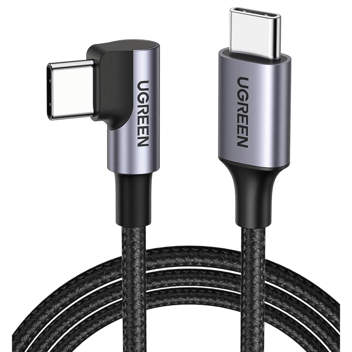 Cable USB-C a USB-C | 1 Metro | Conector con ingulo Recto de 90Â° | Carga Rapida de hasta 60W | 480 Mbps | PD3.0 | QC4.0/3.0/2.0 | FPC | AFC | Proteccion Integrada| Caja de Aluminio | Nylon Trenzado | Color Negro. - Image 1