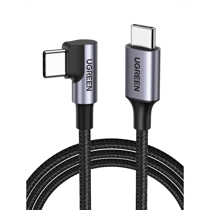 Cable USB-C a USB-C | 2 Metros | Conector con ingulo Recto de 90Â° | Carga Rapida de hasta 60W | 480 Mbps | PD3.0 | QC4.0/3.0/2.0 | FPC | AFC | Proteccion Integrada| Caja de Aluminio | Nylon Trenzado | Color Negro - Image 1