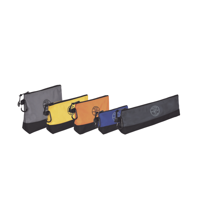 KIT 5 Bolsos Ultra Resistentes para Herramientas con Base y cierre Zipper, Colores: gris claro, amarillo, naranja, azul, gris oscuro. Todos con Mosquetones de Aluminio. - Image 1