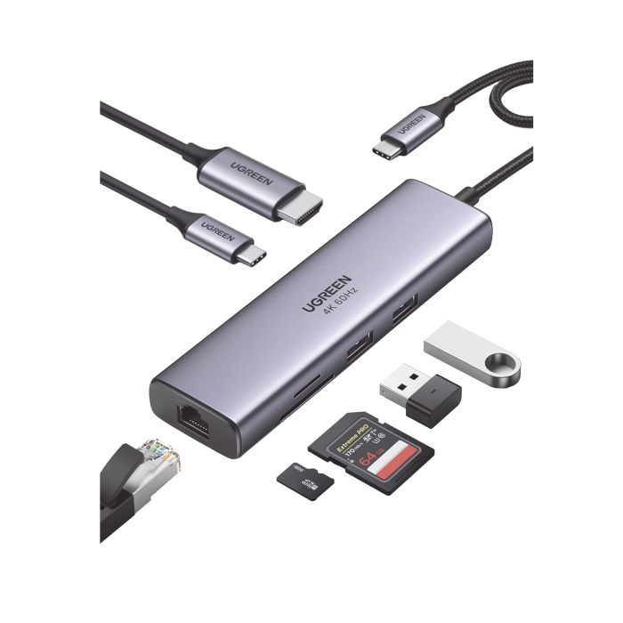 HUB USB-C (Docking Station) 7 en 1 | 2 USB-A 3.0 (5Gbps) | 1 USB-C PD Carga 100W | HDMI 4K@60Hz | RJ45 (Gigabit Ethernet) | Lector Tarjetas SD + Micro SD (TF) Uso Simultaneo | Cable de Nylon Trenzado | Caja de Aluminio. - Image 1