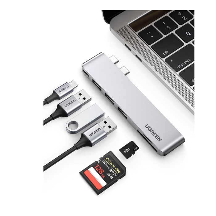 HUB USB-C (Thunderbolt 3) 6 en 2 | 3 Puertos USB3.0 | 1 USB-C (PD 100W) | Transferencia de Video y Datos | Memoria SD+ Micro SD (TF) Uso Simultaneo | Multifuncional para MacBook Pro/Air | Carcasa de Aluminio. - Image 1