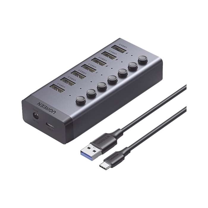 HUB de 7 Puertos USB 3.0 / 4 puertos de Carga Inteligente / Interruptor Individual / Indicadores LED / USB 3.0 a 5Gbps / 1 USB-C Hembra (solo datos) / Incluye Adaptador de Corriente 12V 2A / 7 en 1 - Image 1