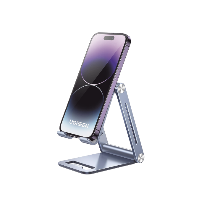Soporte para Telefono Celular de Aluminio / Angulo Ajustable / Amplia Compatibilidad con dispositivos de 4.7'' a 7.9'' / Antideslizante / Antiarai±azos / Plegable / Color Azul - Image 1