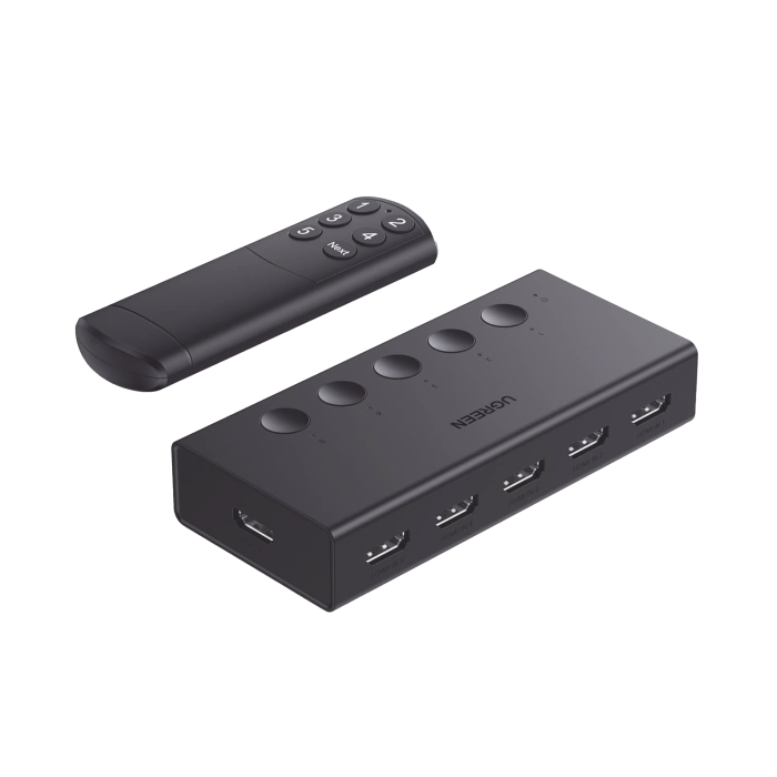 Conmutador HDMI 5X1 | 4K@60Hz | HDMI 2.0, 1.4 | HDCP 2.2, 1.4 | VRR | Dynamic HDR | 3D | CEC | EDID | IR 10m | 18Gbps | Cambio Manual y por Control Remoto | Incluye Cable de Alimentacion USB. - Image 1