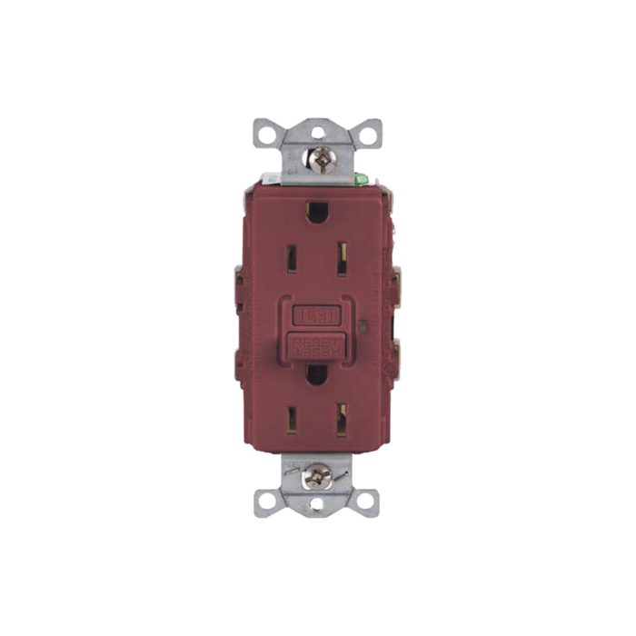 Contacto de Auto-verificacion GFCI con Interruptor de Falla a Tierra de 15 A 125 V 2 Polos/ Color Rojo / Nema 5-15R / Grado Industrial Comercial. - Image 1