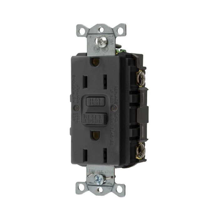 Contacto de Auto-verificacion GFCI con Interruptor de Falla a Tierra de 15 A 125 V 2 Polos, 3 Hilos Color Negro (Nema 5-15R), Grado Comercial. - Image 1