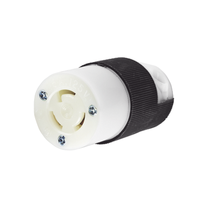 Conector Industrial con Bloqueo de Media Vuelta / 15 A 125 V CA / 2 Polos 3 Hilos / Color Blanco y Negro / Nema L5-15R. - Image 1