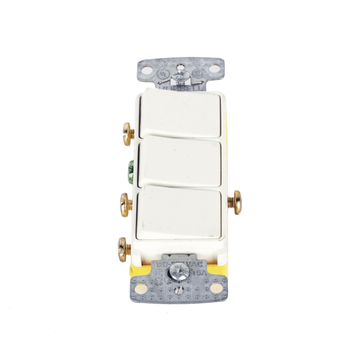 Interruptor Residencial 15 A 120 V, con 3 Bases Unipolares, Cableado lateral, Color Blanco. - Image 1