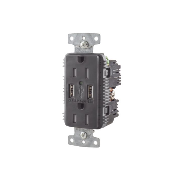 Contacto Di-plex con 2 Puertos USB, 15A 125V, 2 Polos, 3 Hilos, Color Negro. - Image 1