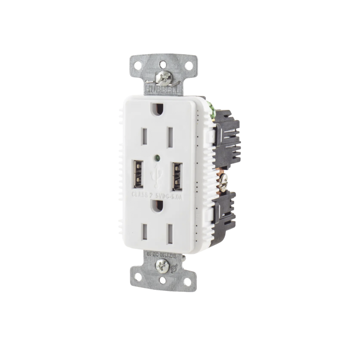 Contacto Di-plex con 2 Puertos USB, 15A 125V, 2 Polos, 3 Hilos, Color Blanco. - Image 1