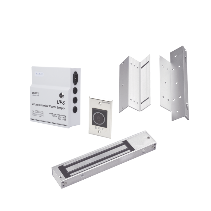 Kit para control de acceso incluye Fuente de 12VCD con respaldo de bateri­a/ Chapa magnetica de 600Lbs / Montajes L y Z / Boton de salida - Image 1