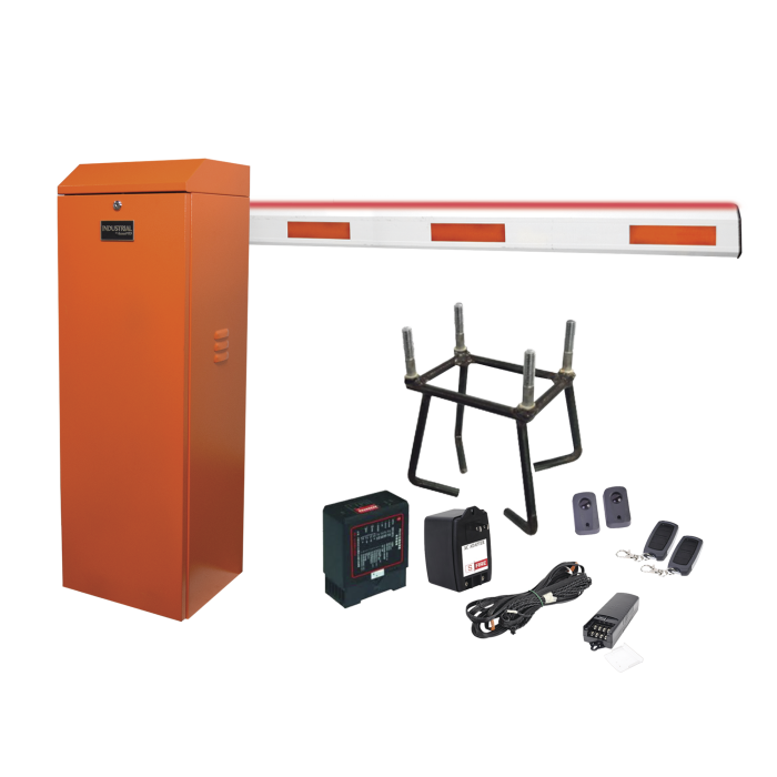 Kit COMPLETO Barrera Derecha XB Naranja / Brazo de 5 Metros con Iluminacion LED Rojo-Verde / Incluye Sensor de masa, Transformador, Lazo, Ancla, Fotoceldas 2 Controles Inalambricos - Image 1