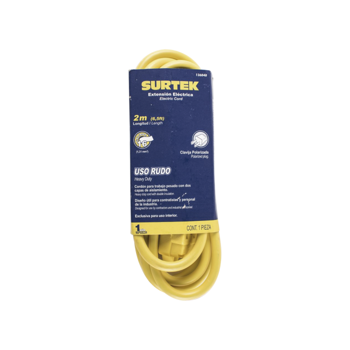 Extension Electrica de Uso Rudo 2 metros / 127 V CA 10 A Maximo / Color Amarillo. - Image 1