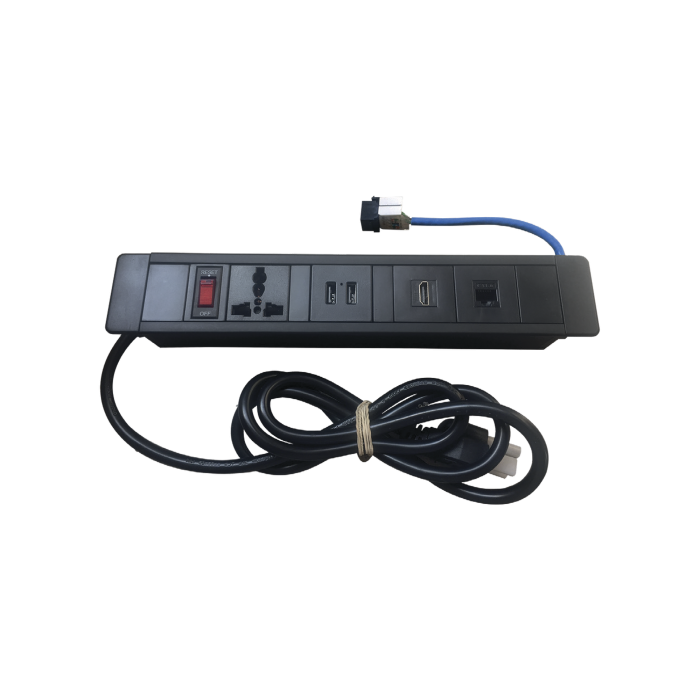 Hub para escritorio color negro, con 1 Puerto HDMI Hembra-Hembra, 1 Conector RJ45 Cat6, 2 Puertos USB 5V DC /2 A, y 1 Contacto electrico universal (11100-00001) - Image 1