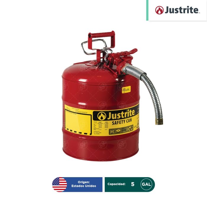 Bidón de seguridad de acero con manguera de metal de 1" T II AccuFlow Justrite 5 Gal - Image 1