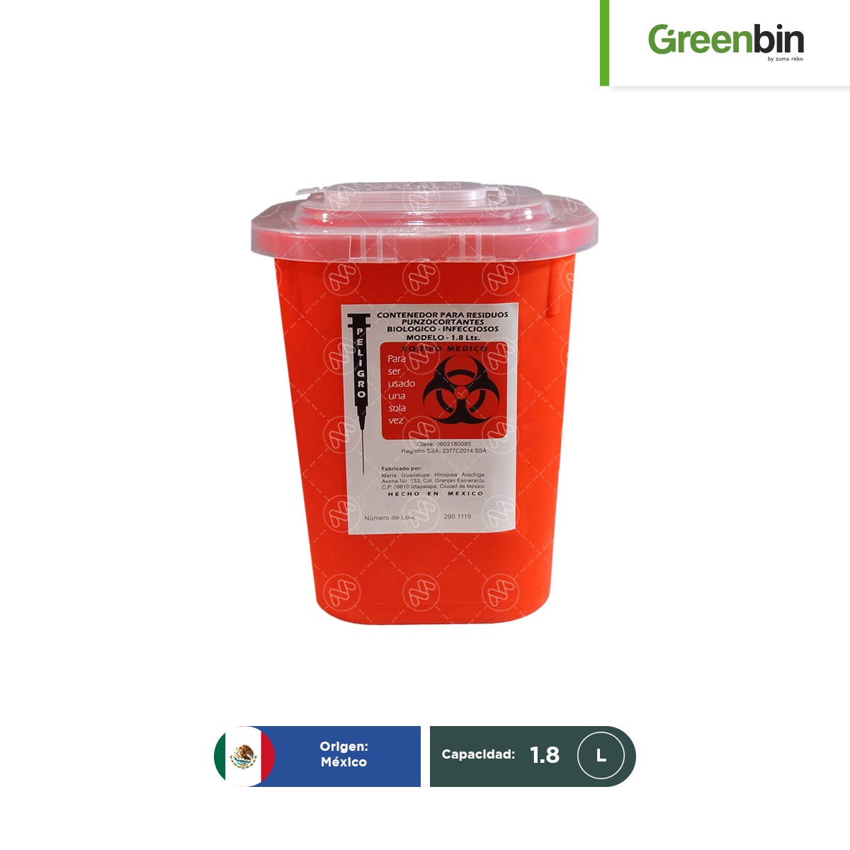 contenedor-para-punzo-cortantes-rojo-greenbin-1-8-l-001.jpg Contenedor para Punzocortantes RPBI Greenbin 1.8 L - Image 1