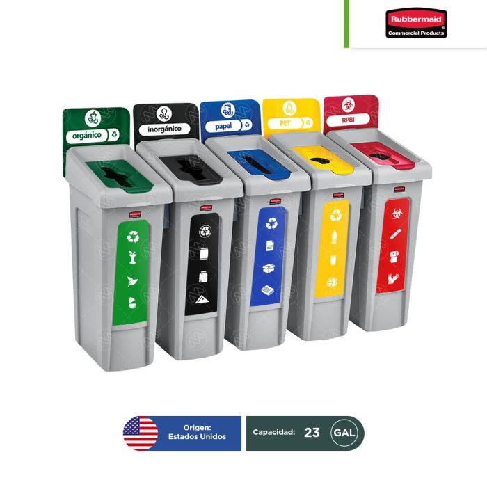 Estación de reciclaje 5 divisiones Slim Jim Rubbermaid 23 Gal - Image 1